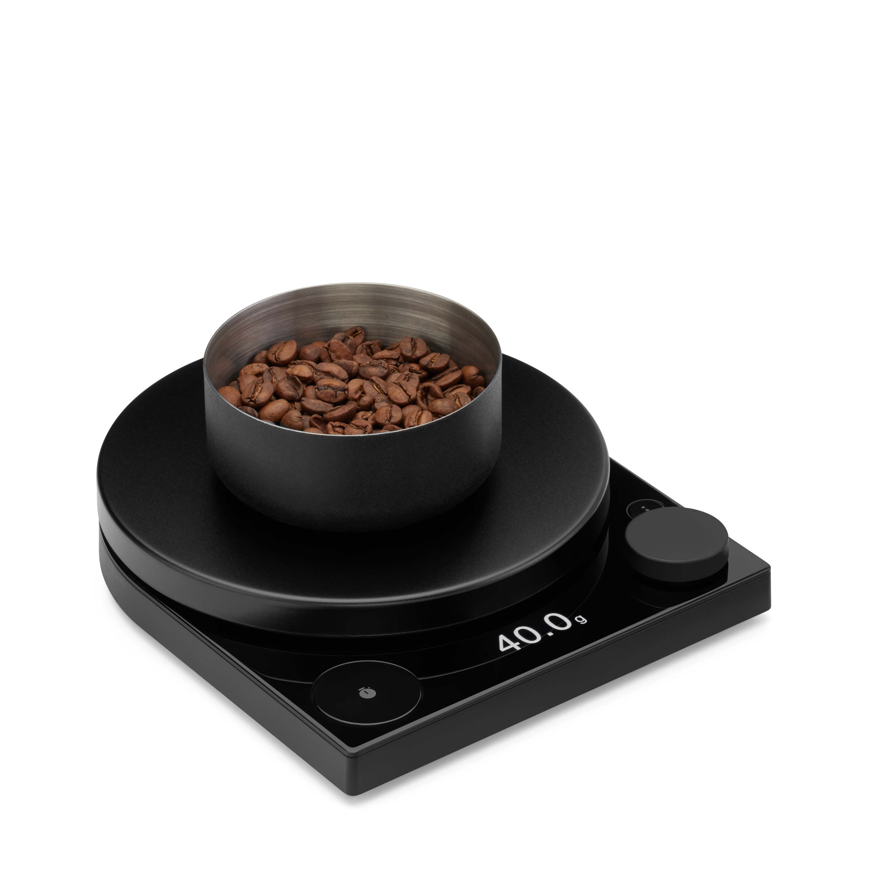 Black digital kitchen scale with a bowl of coffee beans on a white background